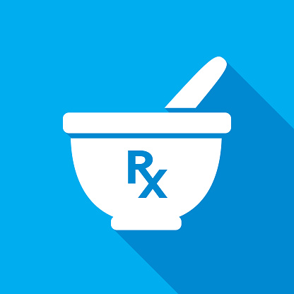 Vector illustration of a blue and white mortar and pestle icon.