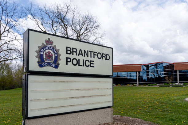 Brantford Police station in Brantford, On, Canada. Brantford, On, Canada - May 8, 2021: Brantford Police station in Brantford, On, Canada. police station canada stock pictures, royalty-free photos & images