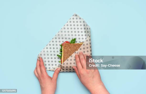 Wrapping Sandwich In A Beeswax Cloth Top View Ethical Consumerism Stock Photo - Download Image Now