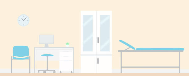 illustrazioni stock, clip art, cartoni animati e icone di tendenza di ufficio medico vuoto con tavolo, sedia, gabinetto e tavolo d'esame - ambulatorio medico