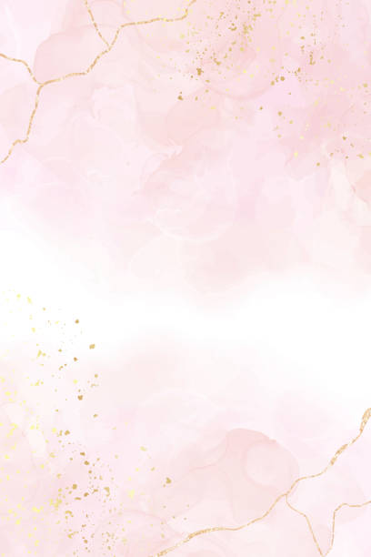 ilustraciones, imágenes clip art, dibujos animados e iconos de stock de fondo de acuarela líquida rubor polvoriento abstracto con galletas doradas. efecto de dibujo de tinta de tinta de mármol rosa pastel. plantilla de diseño de ilustración vectorial para invitación de boda - blush