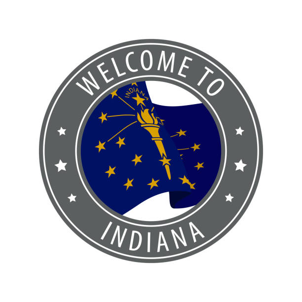 Welcome to Indiana. Gray stamp with a waving state flag. Welcome to Indiana. Gray stamp with a waving state flag. Collection of welcome icons. seal of the state of indiana stock illustrations
