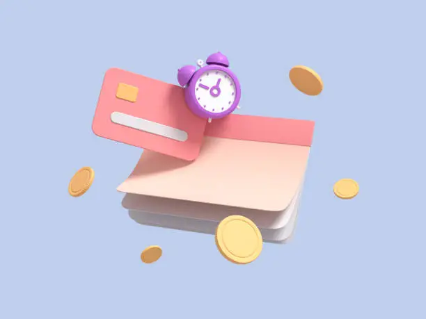 Photo of Flying calendar, checkbook, with coins, alarm clock and credit card on blue isolated background symbolizing quick loan. Fast money concept. 3d render