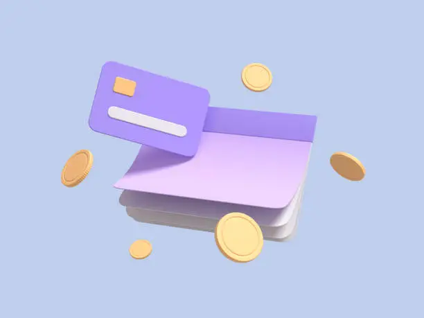 Photo of Flying calendar, checkbook, with coins, and credit card on blue isolated background symbolizing payment of taxes. Fast money concept. 3d render