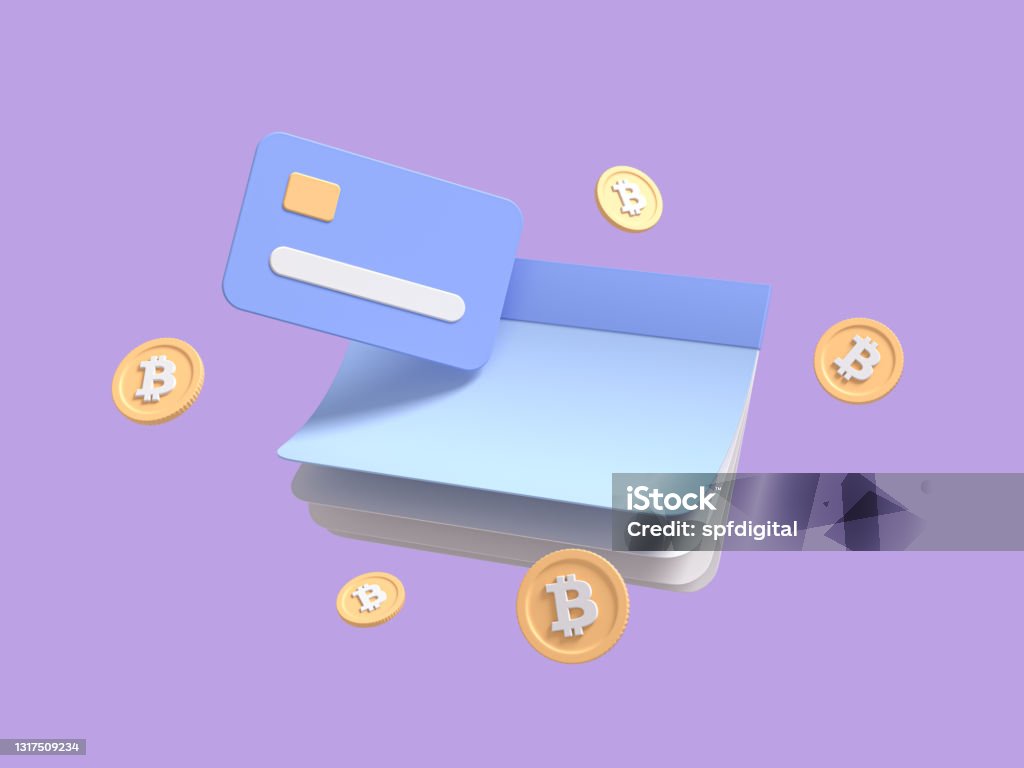 Flying calendar, checkbook, with bitcoin coins, and credit card on purple isolated background symbolizing purchase of cryptocurrency. Payment of taxes concept. 3d render Three Dimensional Stock Photo