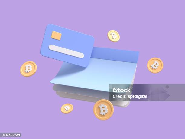 Flying Calendar Checkbook With Bitcoin Coins And Credit Card On Purple Isolated Background Symbolizing Purchase Of Cryptocurrency Payment Of Taxes Concept 3d Render Stock Photo - Download Image Now