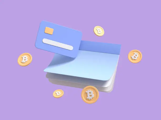 Flying calendar, checkbook, with bitcoin coins, and credit card on purple isolated background symbolizing purchase of cryptocurrency. Payment of taxes concept. 3d render