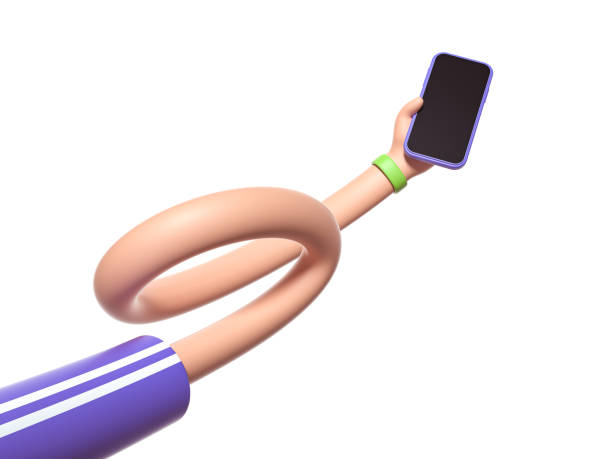 3d render abstract digital technology, cartoon character tangled elastic hands hold smart phone, objects isolated on white background. User experience. Blank gadget mockup. Surrealistic clip art
