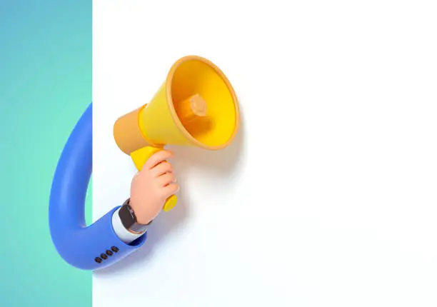 Photo of 3d render, funny cartoon character hand in blue sleeve, hand with megaphone to blank banner with copy space, white background. Advertisement poster mockup, attention concept