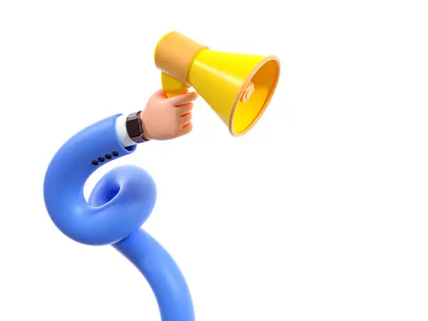 3d render, funny cartoon character flexible hand with megaphone, clip art isolated on white background. Breaking news metaphor, disclosure of information concept
