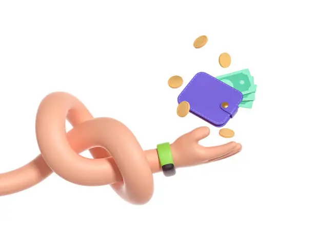 Photo of 3d render, abstract cartoon character flexible knotted caucasian hand, boneless funny body part concept, catches a wallet with money, isolated on white background. Surrealistic clip art