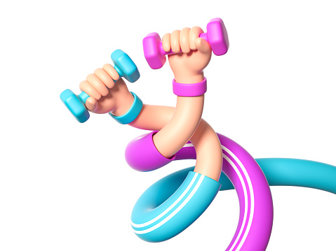 3d render, abstract modern fitness concept, cartoon character flexible boneless hands hold weights, objects isolated on purple background. Surrealistic clip art