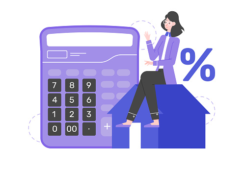 Calculator, percentage and house icon. Woman consultant Real Estate Agent. Finance and investment in real estate. Vector flat illustration.