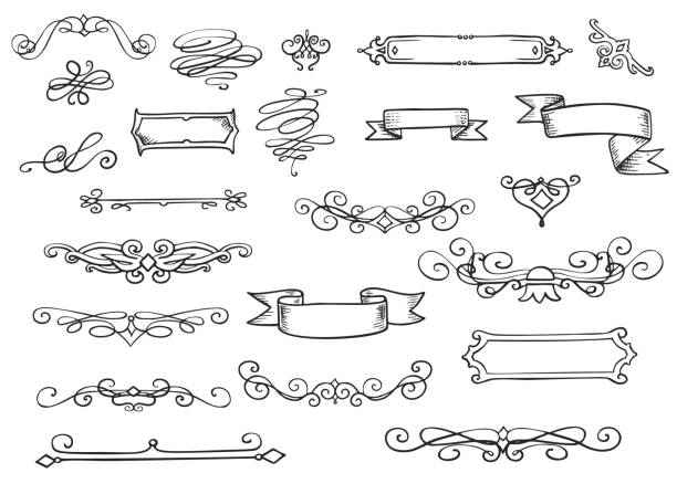 レトロスクロールディバイダとフレームリボン - curled up decoration ornate design点のイラスト素材／クリップアート素材／マンガ素材／アイコン素材