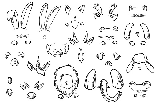 Vector doodles masks of animal faces. Animals ears and noses.