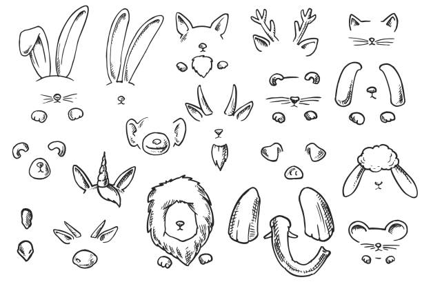 Animal Face Masks Doodles Vector doodles masks of animal faces. Animals ears and noses. whisker stock illustrations