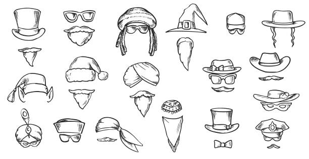 People Face Masks for App Doodles People face masks for app. Vector doodles set. Hats, glasses, mustaches and beards. rabbi photos stock illustrations