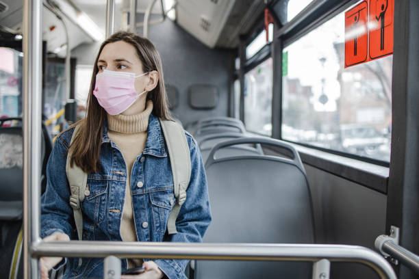 istock Woman with a protective face mask in a bus 1317515923