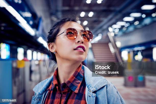 Fashionable Woman At Subway Station Stock Photo - Download Image Now - Passenger, 20-24 Years, Adult