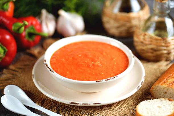 Traditional Spanish romesco sauce made from grilled tomatoes, bell peppers and garlic. stock photo