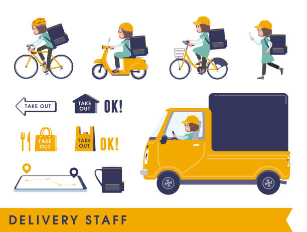 A set of middle-aged women in tunic doing delivery A set of middle-aged women in tunic doing delivery.It's vector art so easy to edit. middle aged woman cooking stock illustrations
