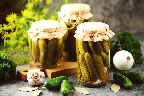 Homemade pickled cucumbers with dill, bay leaves, onions and garlic. stock photo