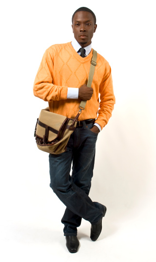 Black Male Model Pose In Hip Orange Sweater With Shoulder Bag against a white background,gay male