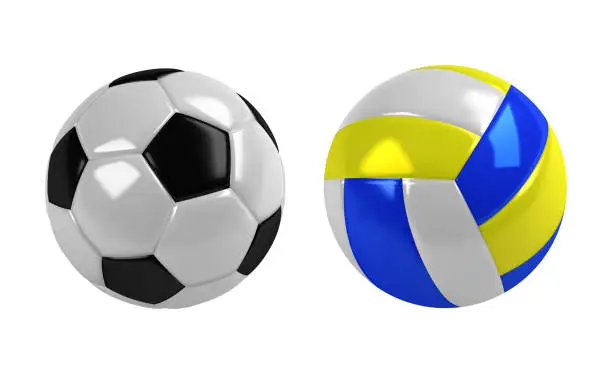 Vector illustration of Realistic black and white soccer ball. Volleyball ball with white, blue and yellow stripes. Isolated vector.