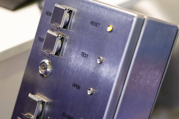 Stainless steel control box close up. Selective focus.