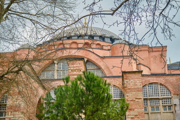 hagia sophia (ayasofya) mosque, church, or museum under huge clouds. facade of ancient building made of red bricks wall and it is behind the withered branches of tree and green pine tree. - museum monument silhouette tree imagens e fotografias de stock