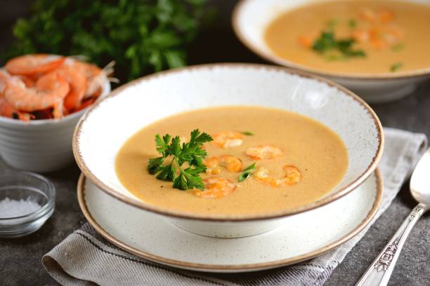 Cream soup with shrimps. Healthly food. stock photo