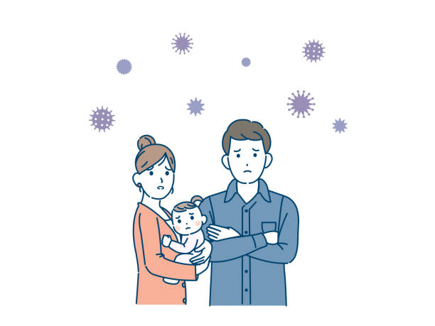 젊은 가족 걱정 에 대 한 covid 바이러스 그림 - lifestyles cute white background baby stock illustrations