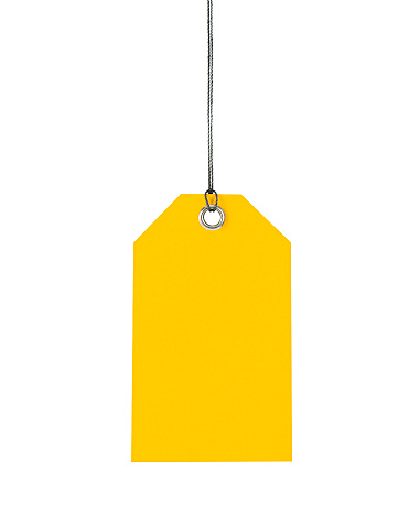 one yellow label on white isolated background