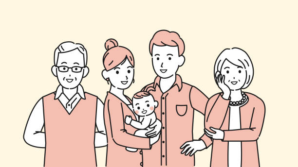 ilustraciones, imágenes clip art, dibujos animados e iconos de stock de ilustración familiar de tres generaciones - two generation family illustrations
