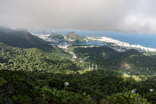 Beautiful view to mountains, green rainforest and city lagoon in Rio de Janeiro, RJ, Brazil