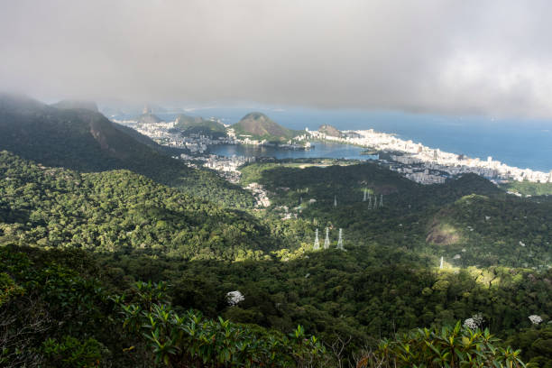 piękny widok na góry, zielony las deszczowy i lagunę miejską - brazil lagoa water sea zdjęcia i obrazy z banku zdjęć
