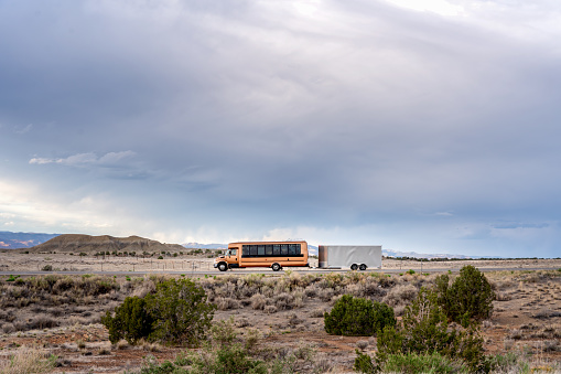 Bus Camper Van Conversion Pulling A Trailer,  Utah Desert Highway