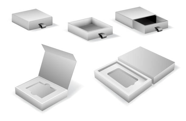 realistic cardboard sliding box set of realistic cardboard sliding box or folding box gift with magnet or package cardboard mock up or branding box small gift slider. eps vector cardboard box mockup stock illustrations