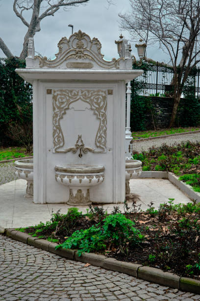 gulhane park in istanbul with ancient ottoman patterned fountain - museum monument silhouette tree imagens e fotografias de stock
