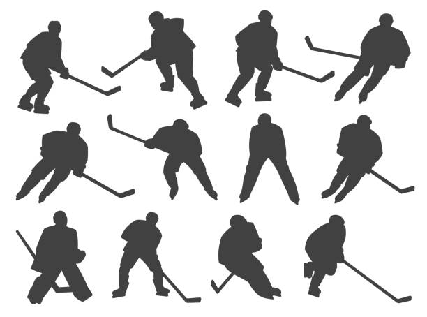 Ice hockey players and goalie vector silhouettes Ice hockey players, goalie and referee silhouettes set. Ice hockey player skating with stick, team forward controlling and hitting puck, goaltender in protective outfit and referee isolated vectors hockey stock illustrations