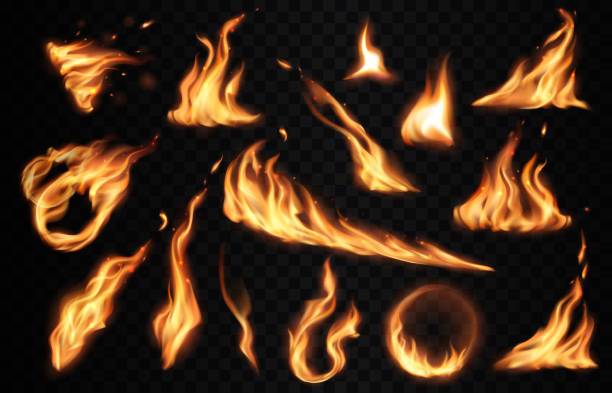 Burning fire flames with flashes, realistic vector Burning fire flames with flashes isolated on black background. Realistic vector bonfire, fireball, campfire or fireplace, orange fire rings, waves and swirls with red sparkles and bright flares fire natural phenomenon stock illustrations