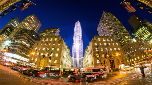 Timelapse view of New York City streets showing the Rockerfeller Center