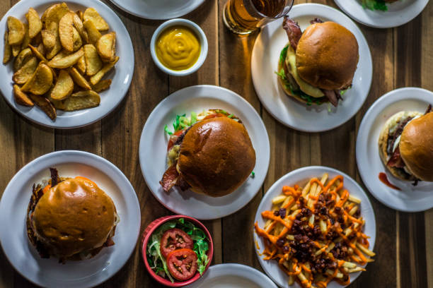 Food, drink, fast food, table. Top view