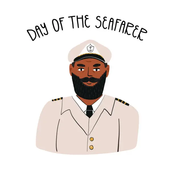 Vector illustration of Portrait of a kind bearded Black captain in a marine professional uniform with epaulets, wearing a cap with an anchor sign - conqueror of the seas and oceans symbol. Hand drawn vector isolated illustration.