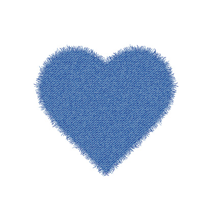 Denim heart shape. Torn jean patch. Vector realistic illustration on white background.