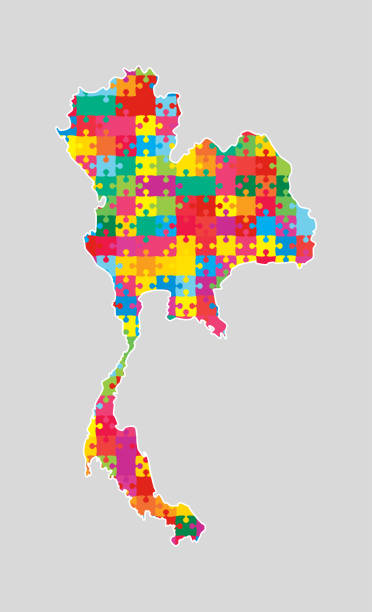 태국 국가지도는 다채로운 조각 퍼즐을 했다 - asia jigsaw puzzle map cartography stock illustrations