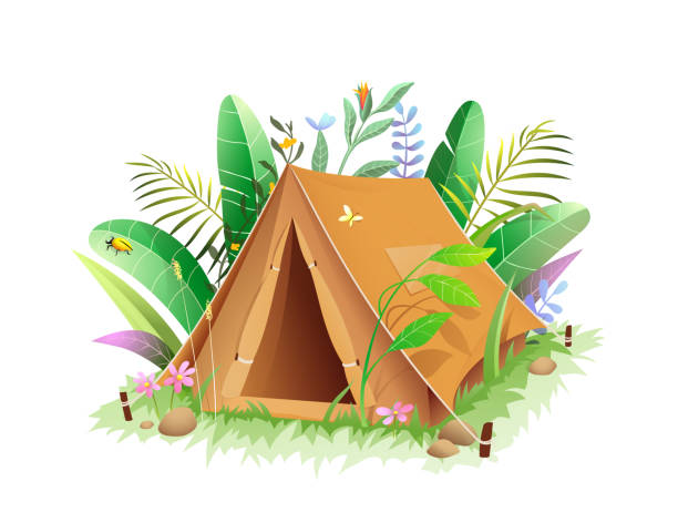 ilustraciones, imágenes clip art, dibujos animados e iconos de stock de icono de la tienda en la selva o el bosque en hojas verdes - tent camping dome tent single object