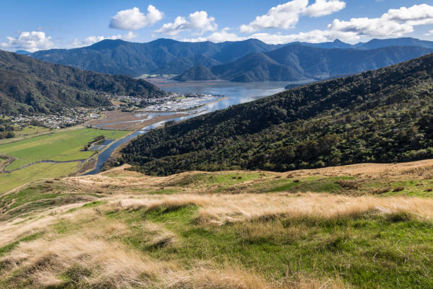 vista aérea del puerto deportivo de havelock y pelorus sound en la región de marlborough, nueva zelanda - marlborough region zealand new new zealand fotografías e imágenes de stock