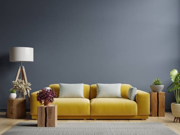 istock Interior mockup dark blue wall with yellow sofa and decor in living room. 1317537801