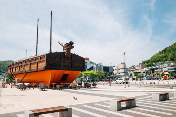 Yeosu, Korea - April 26, 2021 : Admiral Yi Sun-shin square Turtle Ship